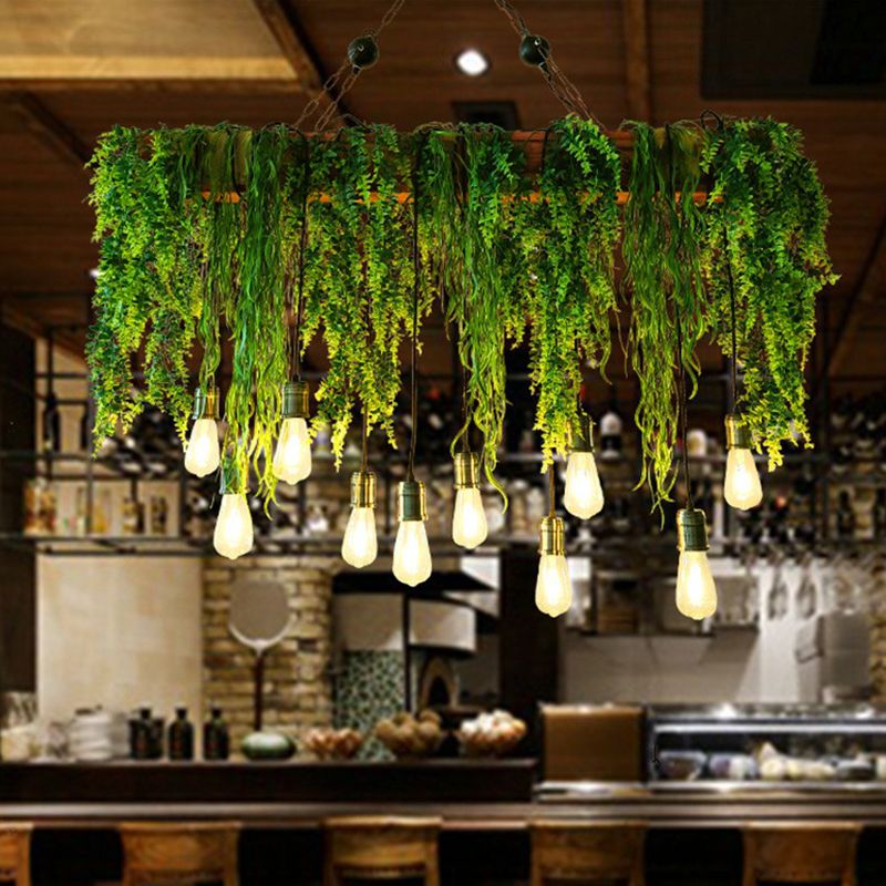 Nest Natural Decorative Rectangular Plant Metal Pendant Light, Green