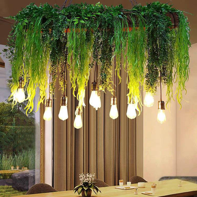 Nest Natural Decorative Rectangular Plant Metal Pendant Light, Green